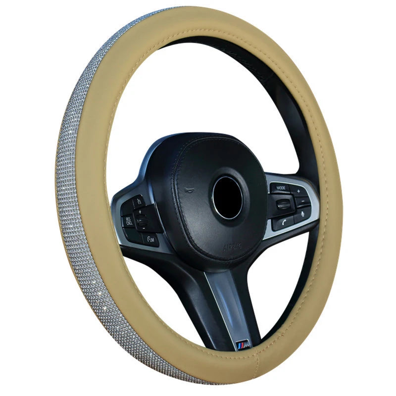 Rhinestone Leather Steering Wheel Cover - Crystal Auto Interior Accessory for Women and Girls