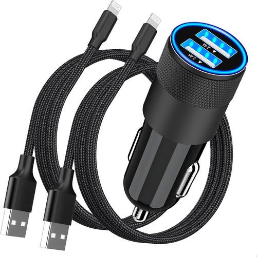 Apple MFi Certified Fast Charging 4.8A Dual USB Car Charger with Cigarette Lighter Adapter and 2-Pack Braided Lightning Cable for iPhone 14, 13, 12, 11 Pro, XS, XR, X, 8, SE, and iPad