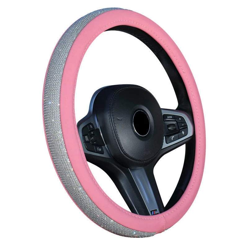 Rhinestone Leather Steering Wheel Cover - Crystal Auto Interior Accessory for Women and Girls