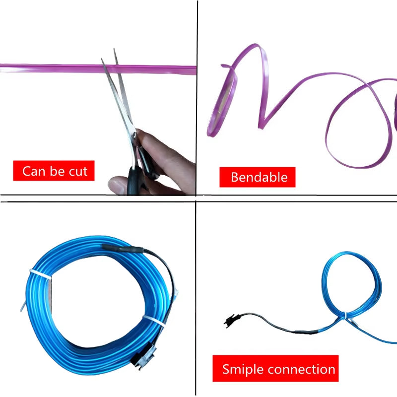 Car Interior LED Decorative EL Wiring Neon Strip - Flexible Ambient Lighting for Auto DIY, Available in 1M, 3M, and 5M Lengths, USB Powered for Party Atmosphere
