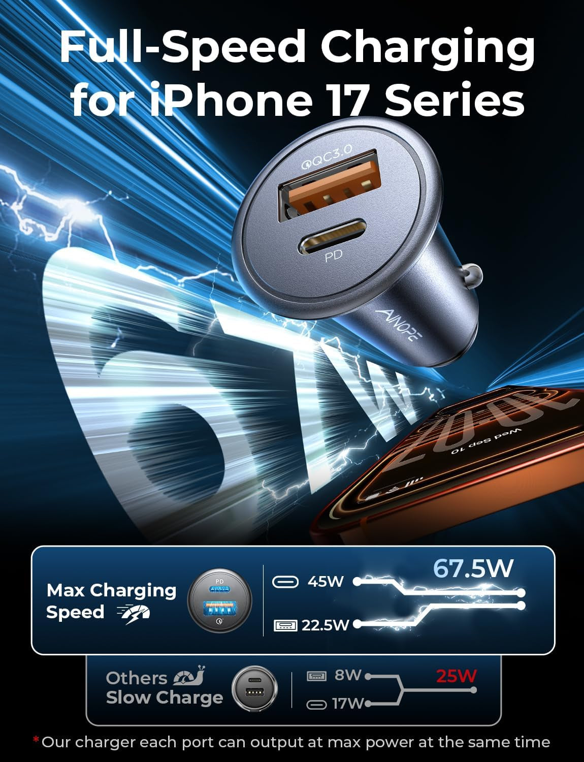 67.5W Cigarette Lighter Adapter Car Charger with USB-C Fast Charging | Mini Metal PD & QC Compatible 12V Outlet Plug for iPhone 17/16/15/14 Pro Max and Samsung S26/S25