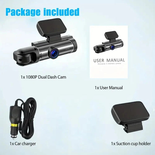 1080P Dual Camera Dash Cam for Vehicles with Front and Interior Recording, IR Night Vision, Loop Recording, and Wide Angle Lens