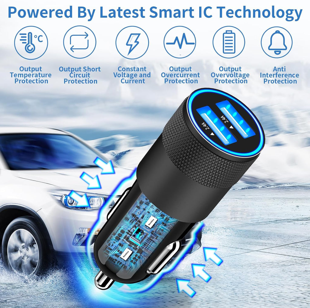 Apple MFi Certified Fast Charging 4.8A Dual USB Car Charger with Cigarette Lighter Adapter and 2-Pack Braided Lightning Cable for iPhone 14, 13, 12, 11 Pro, XS, XR, X, 8, SE, and iPad