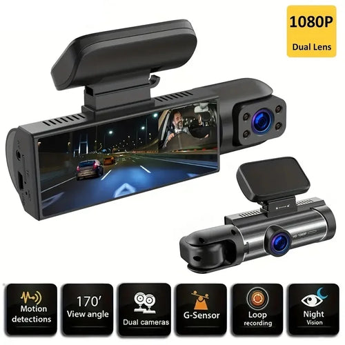 1080P Dual Camera Dash Cam for Vehicles with Front and Interior Recording, IR Night Vision, Loop Recording, and Wide Angle Lens