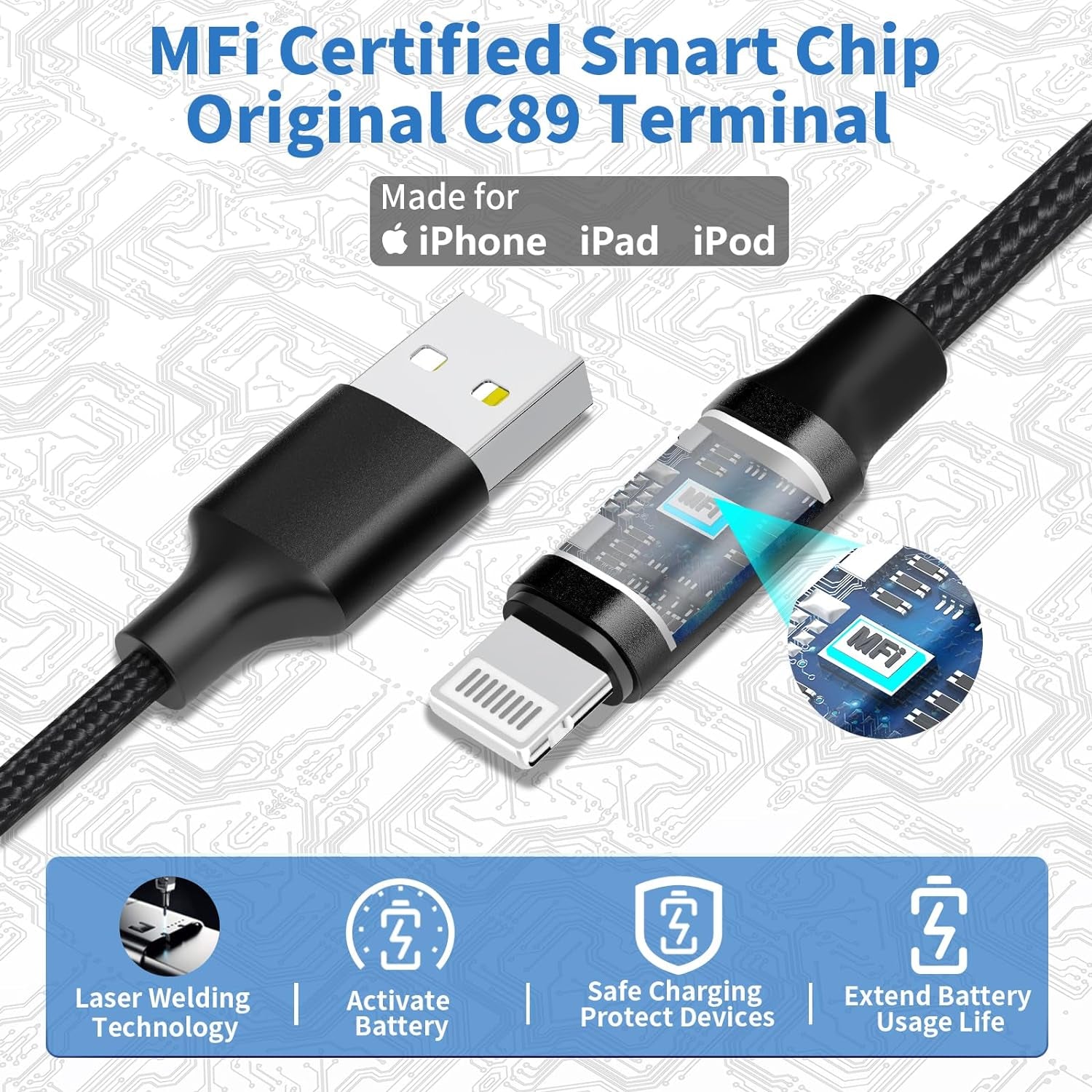 Apple MFi Certified Fast Charging 4.8A Dual USB Car Charger with Cigarette Lighter Adapter and 2-Pack Braided Lightning Cable for iPhone 14, 13, 12, 11 Pro, XS, XR, X, 8, SE, and iPad
