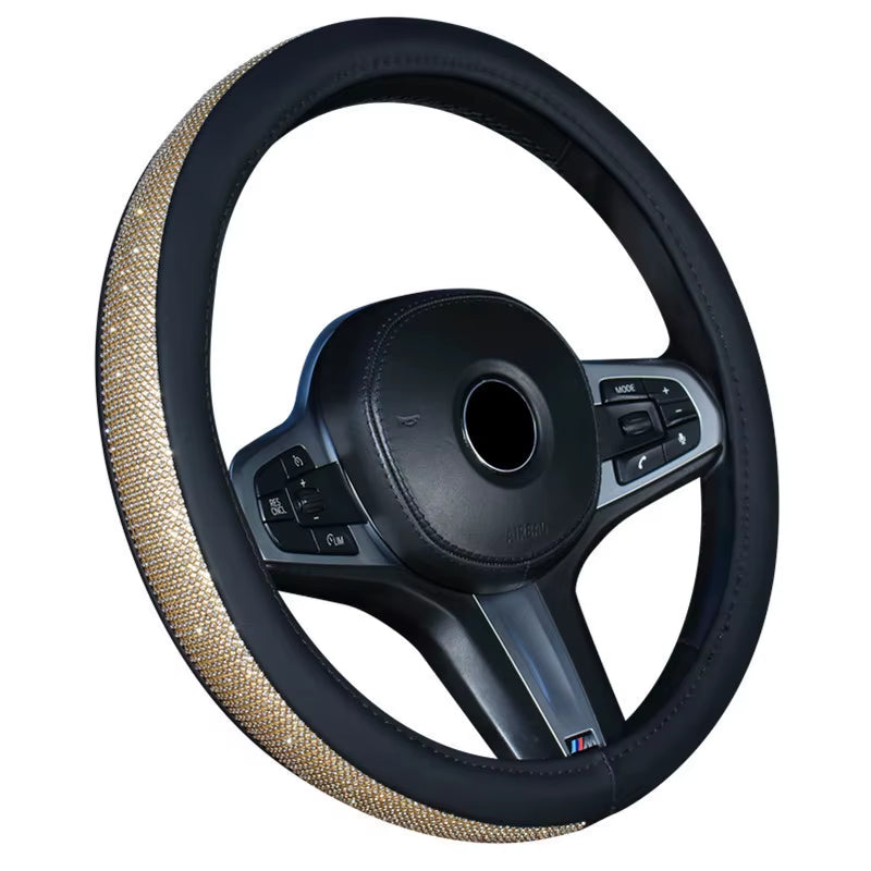 Rhinestone Leather Steering Wheel Cover - Crystal Auto Interior Accessory for Women and Girls