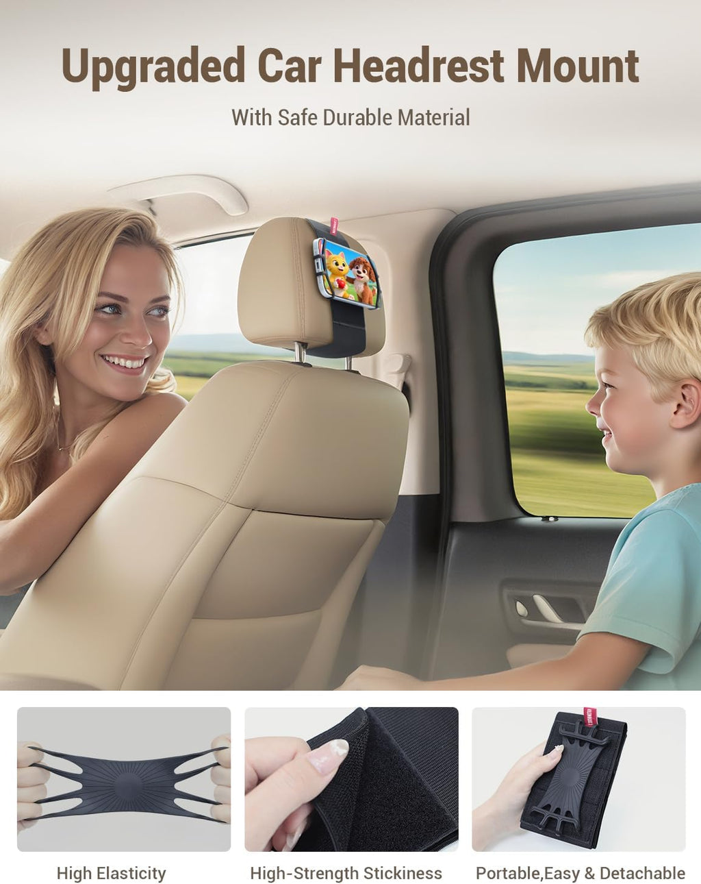 Adjustable Silicone Car Phone Holder for Headrest - Compatible with iPhone 17, 16, 15, 14, 13 Pro Max and 3.5 to 7 Inch Smartphones - Ideal for Back Seat Use - Black