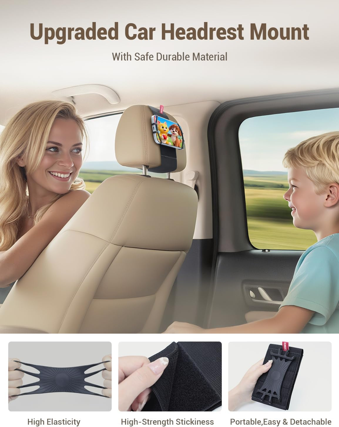 Adjustable Silicone Car Phone Holder for Headrest - Compatible with iPhone 17, 16, 15, 14, 13 Pro Max and 3.5 to 7 Inch Smartphones - Ideal for Back Seat Use - Black