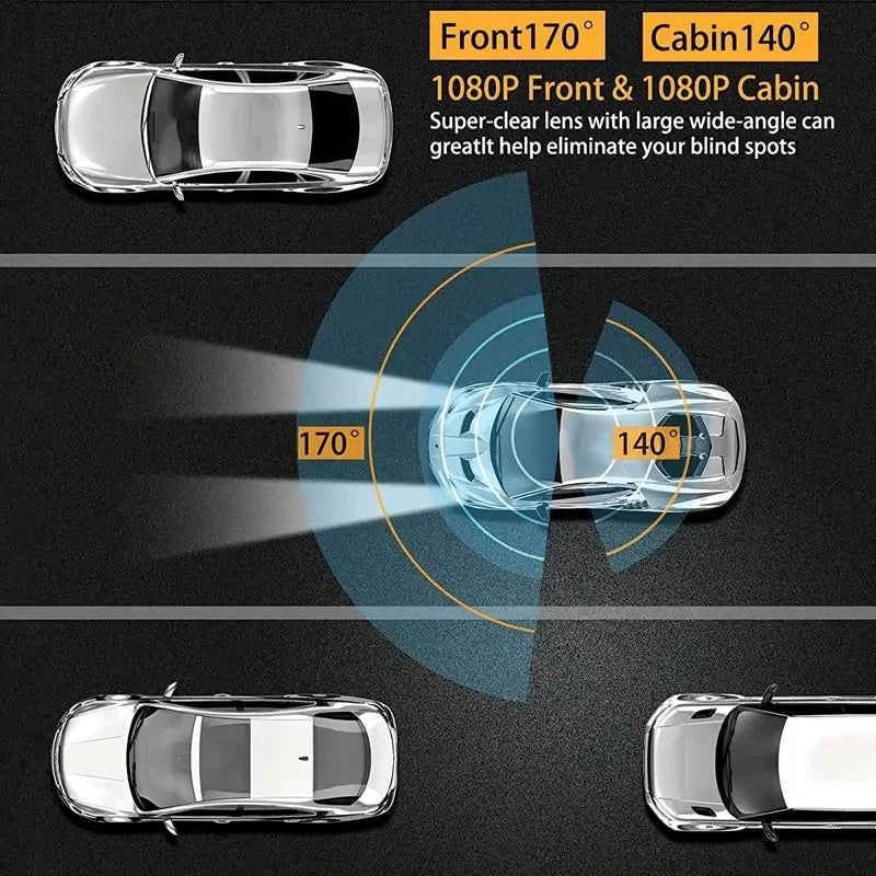 1080P Dual Camera Dash Cam for Vehicles with Front and Interior Recording, IR Night Vision, Loop Recording, and Wide Angle Lens