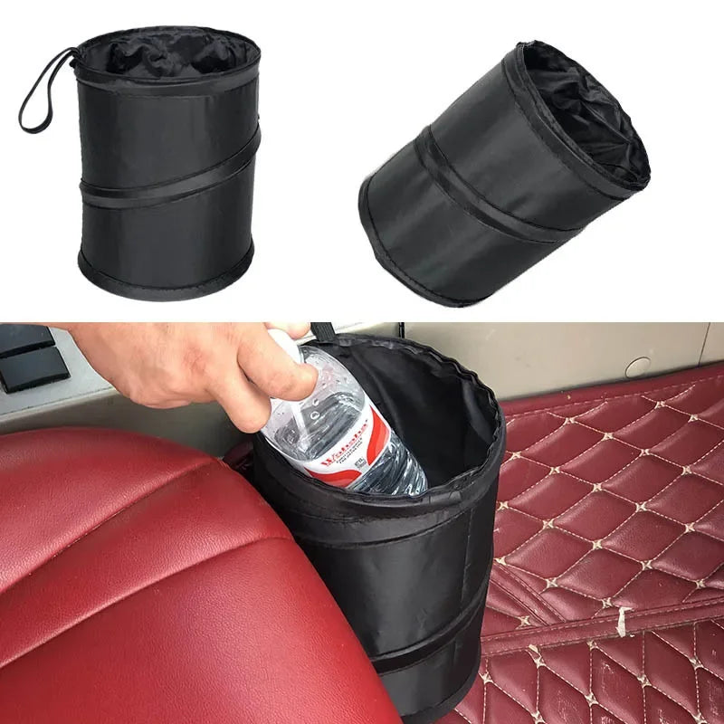 Waterproof Black Car Trash Can with Side Pocket - Leak-Proof Car Garbage Bag