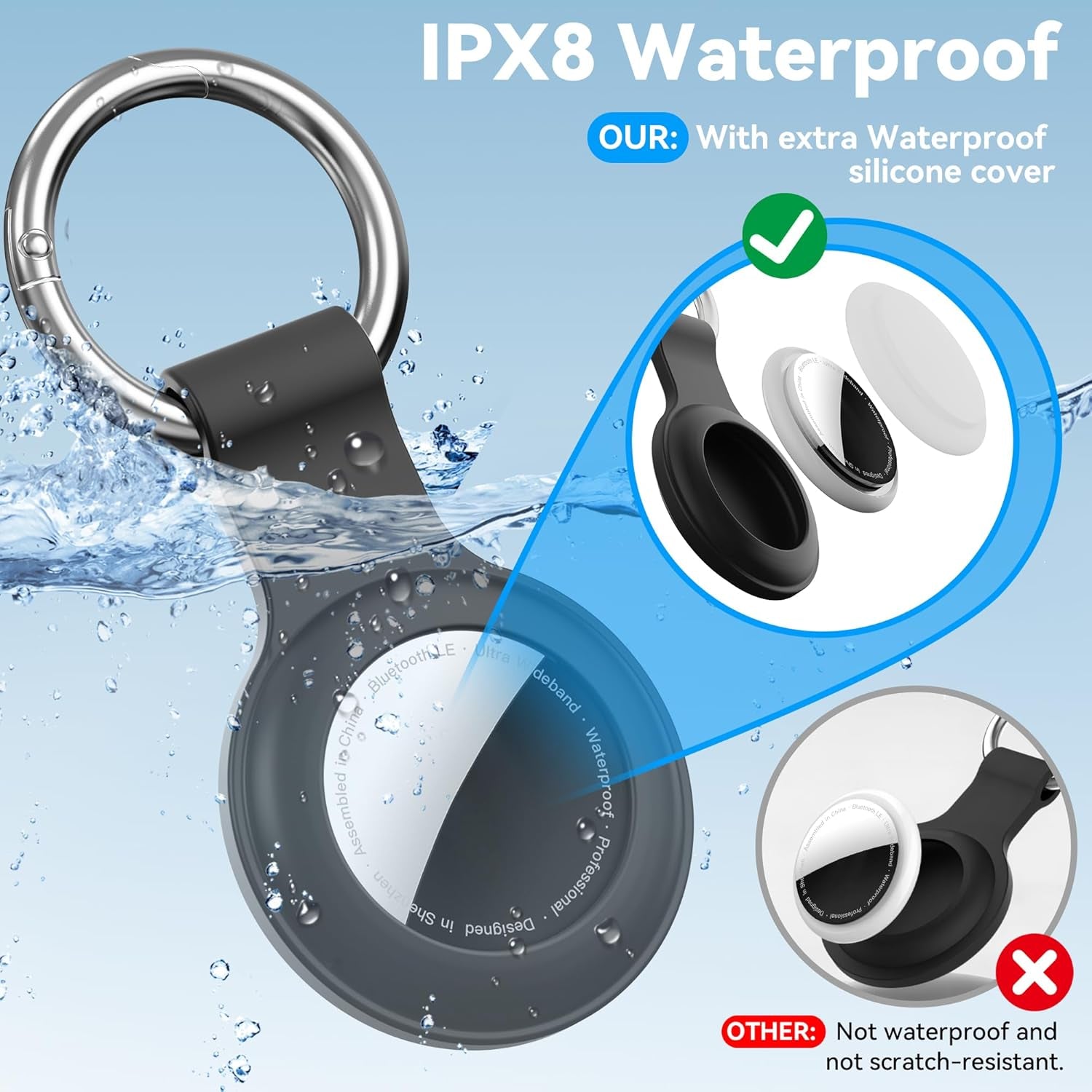 IPX8 Waterproof Airtag Keychain Holder - 4 Pack, Soft Silicone Case, Shockproof & Anti-Scratch with Keyring for Airtag 1st & 2nd Generation Trackers, Ideal for Luggage, Kids, Bags, and Dog Collars