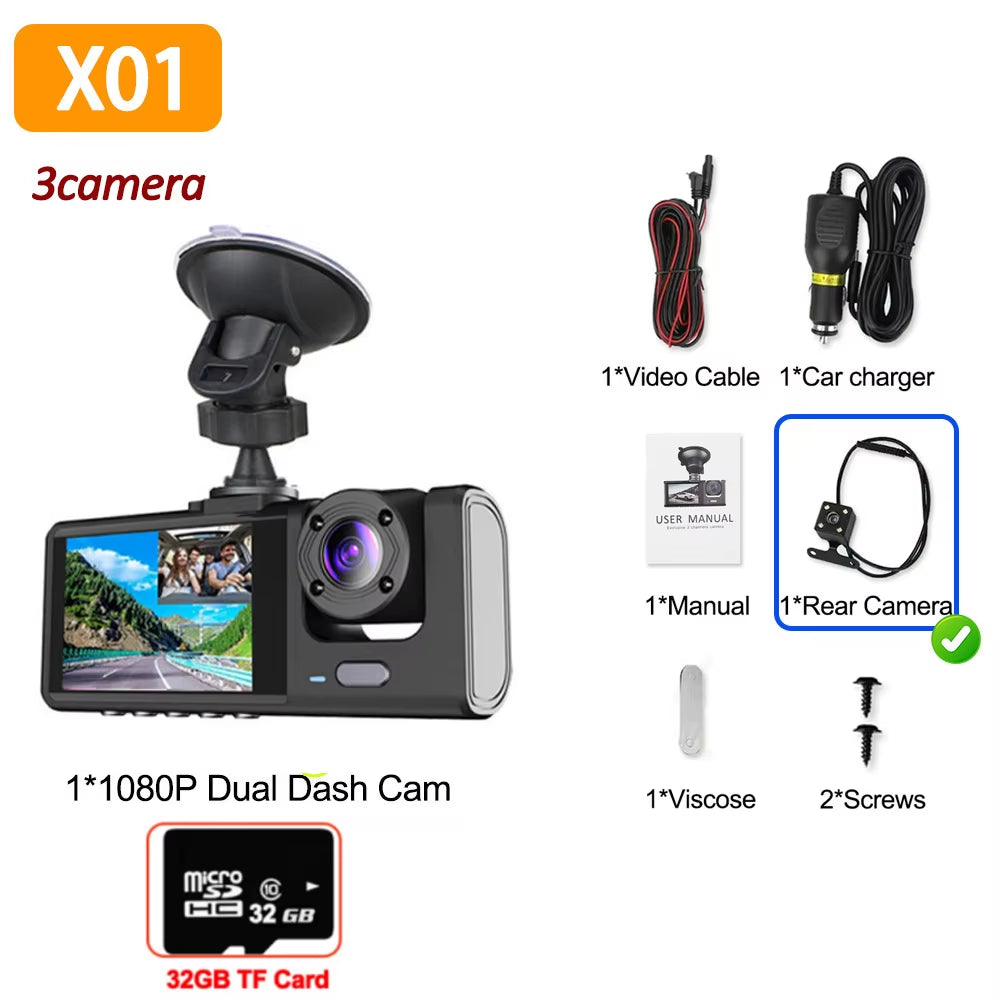 1080P Triple Camera Vehicle Dash Cam with Front and Rear Recording and Infrared Night Vision