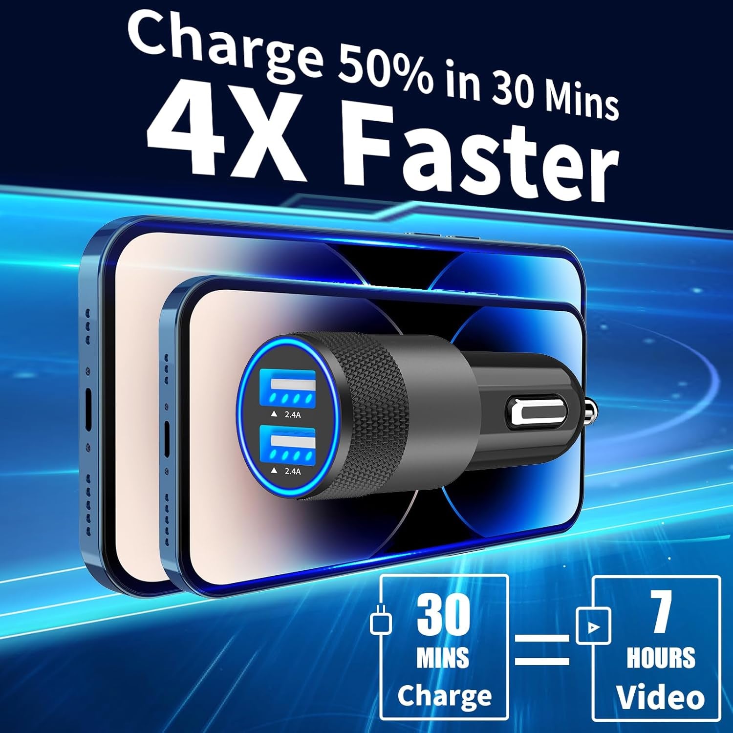 Apple MFi Certified Fast Charging 4.8A Dual USB Car Charger with Cigarette Lighter Adapter and 2-Pack Braided Lightning Cable for iPhone 14, 13, 12, 11 Pro, XS, XR, X, 8, SE, and iPad