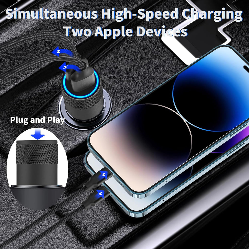 Apple MFi Certified Fast Charging 4.8A Dual USB Car Charger with Cigarette Lighter Adapter and 2-Pack Braided Lightning Cable for iPhone 14, 13, 12, 11 Pro, XS, XR, X, 8, SE, and iPad
