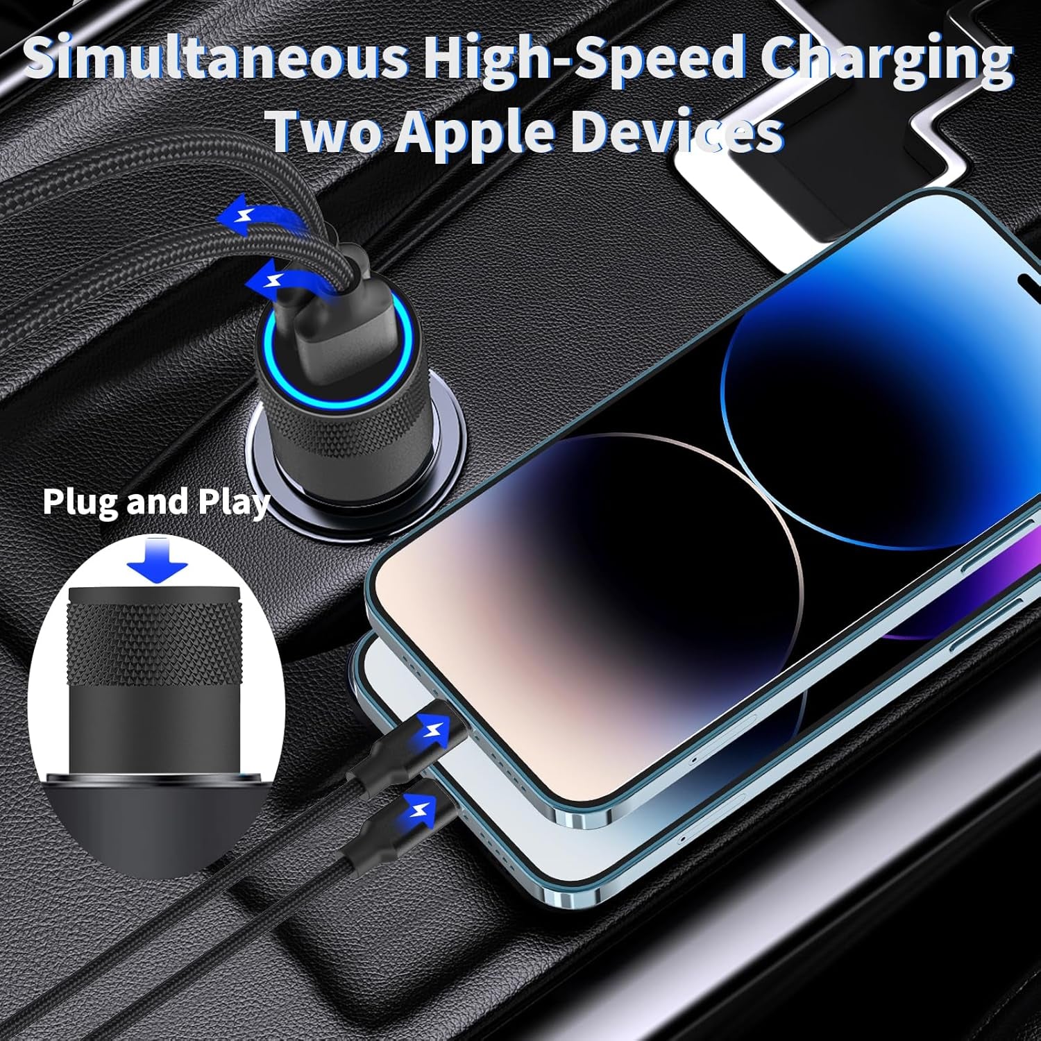 Apple MFi Certified Fast Charging 4.8A Dual USB Car Charger with Cigarette Lighter Adapter and 2-Pack Braided Lightning Cable for iPhone 14, 13, 12, 11 Pro, XS, XR, X, 8, SE, and iPad