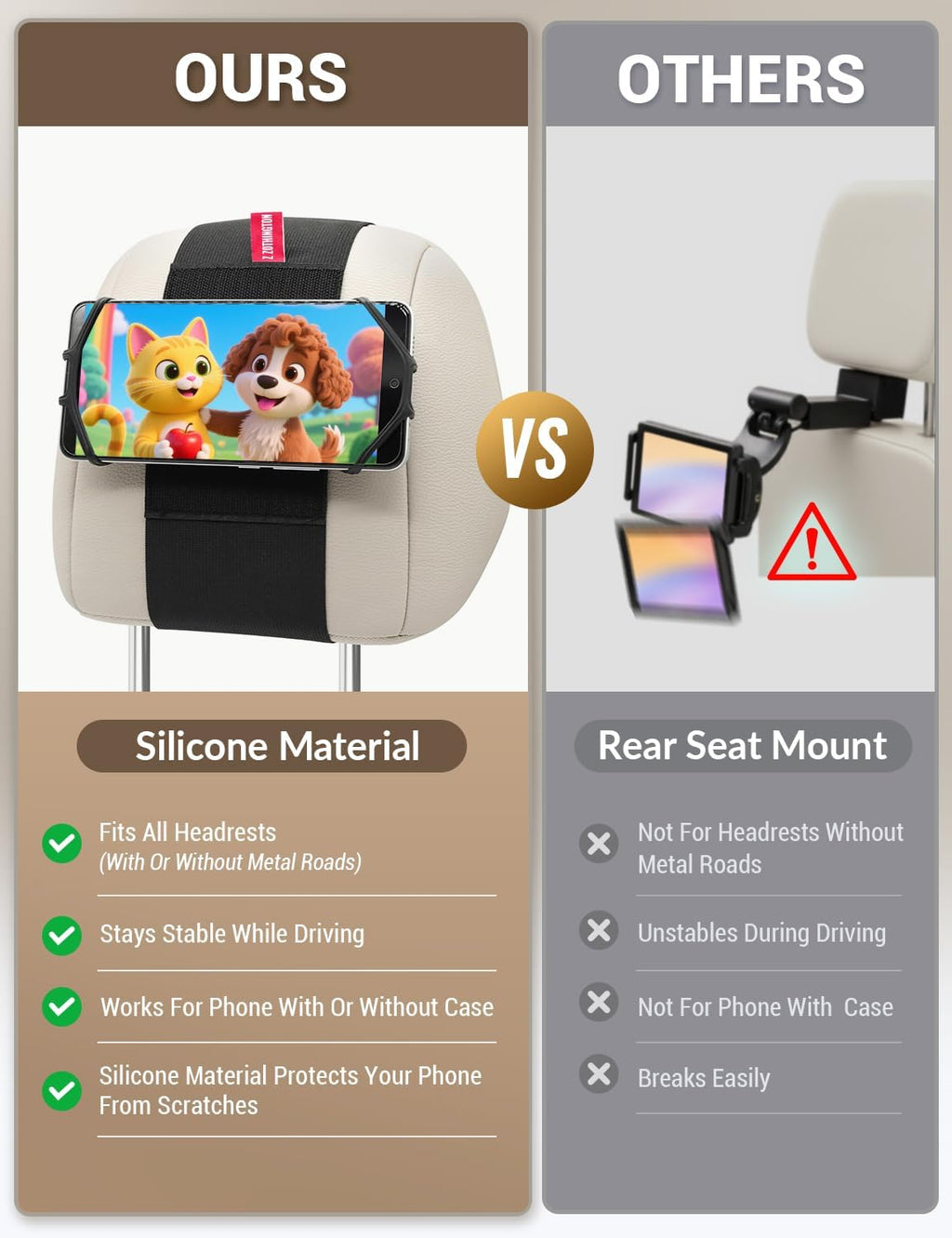 Adjustable Silicone Car Phone Holder for Headrest - Compatible with iPhone 17, 16, 15, 14, 13 Pro Max and 3.5 to 7 Inch Smartphones - Ideal for Back Seat Use - Black