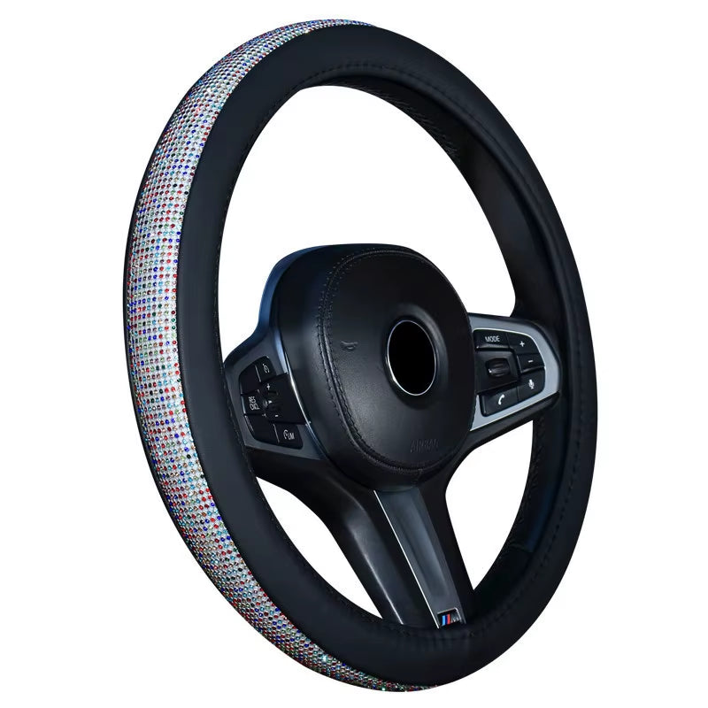Rhinestone Leather Steering Wheel Cover - Crystal Auto Interior Accessory for Women and Girls