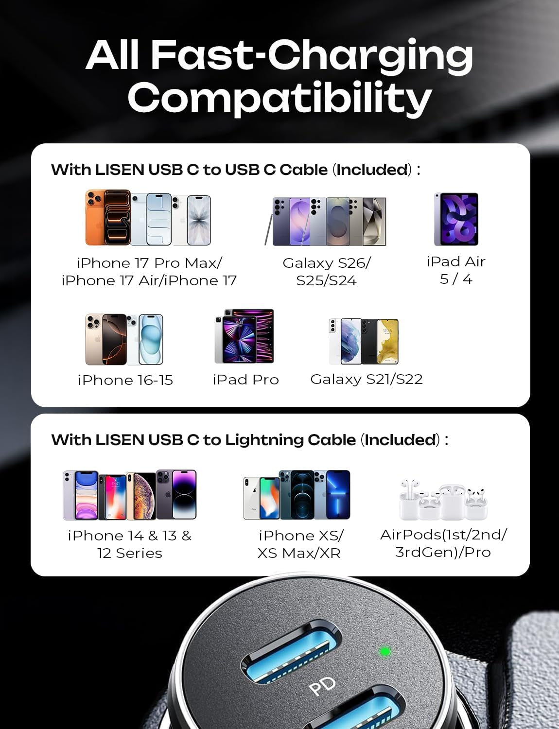 67.5W Cigarette Lighter Adapter Car Charger with USB-C Fast Charging | Mini Metal PD & QC Compatible 12V Outlet Plug for iPhone 17/16/15/14 Pro Max and Samsung S26/S25