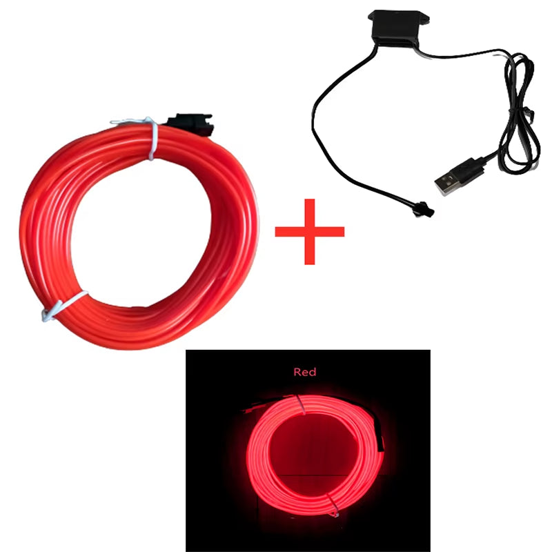 Car Interior LED Decorative EL Wiring Neon Strip - Flexible Ambient Lighting for Auto DIY, Available in 1M, 3M, and 5M Lengths, USB Powered for Party Atmosphere