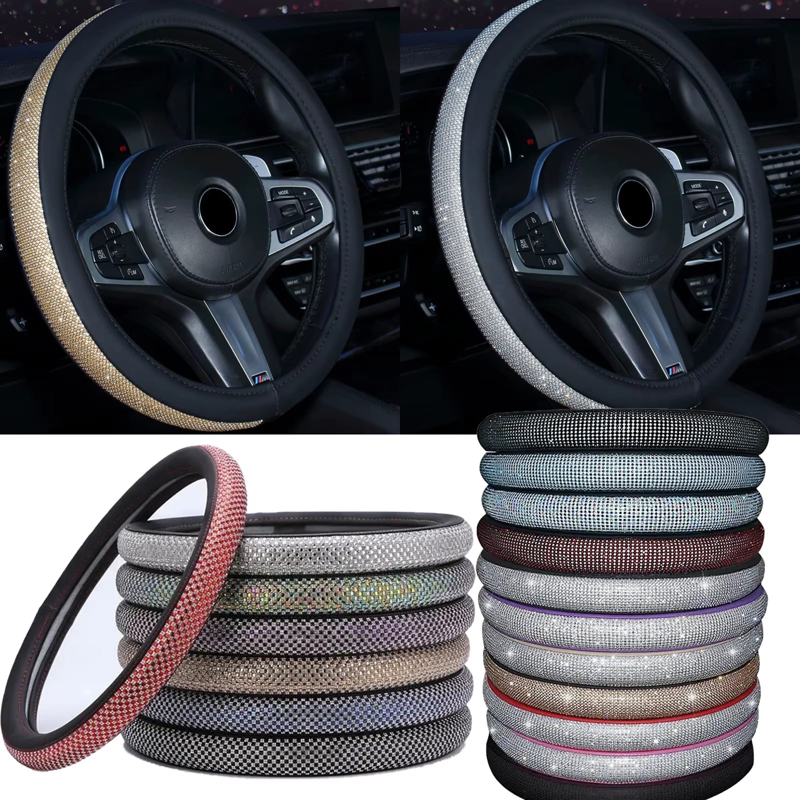 Rhinestone Leather Steering Wheel Cover - Crystal Auto Interior Accessory for Women and Girls