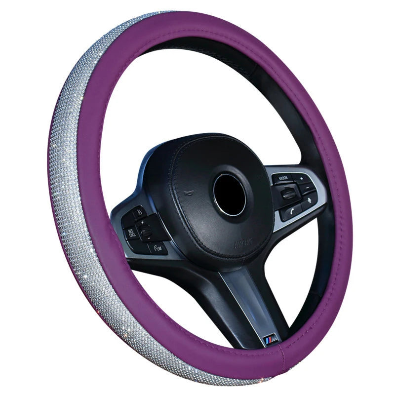 Rhinestone Leather Steering Wheel Cover - Crystal Auto Interior Accessory for Women and Girls