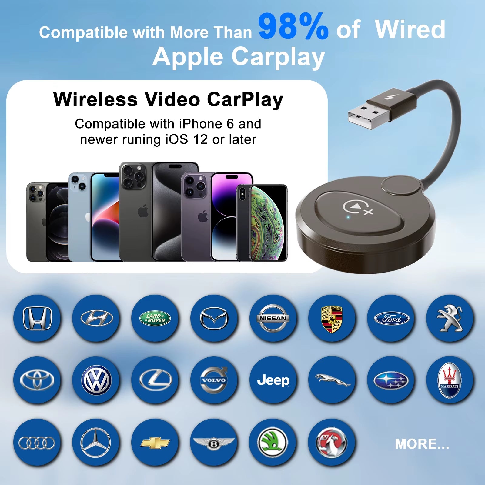 Wireless Video CarPlay Adapter with Streaming Support for OEM Wired CarPlay Vehicles