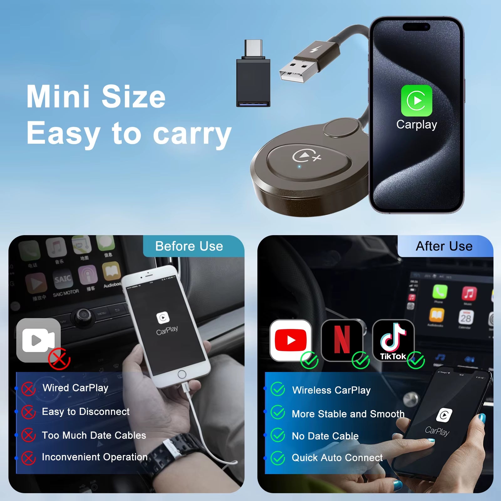 Wireless Video CarPlay Adapter with Streaming Support for OEM Wired CarPlay Vehicles