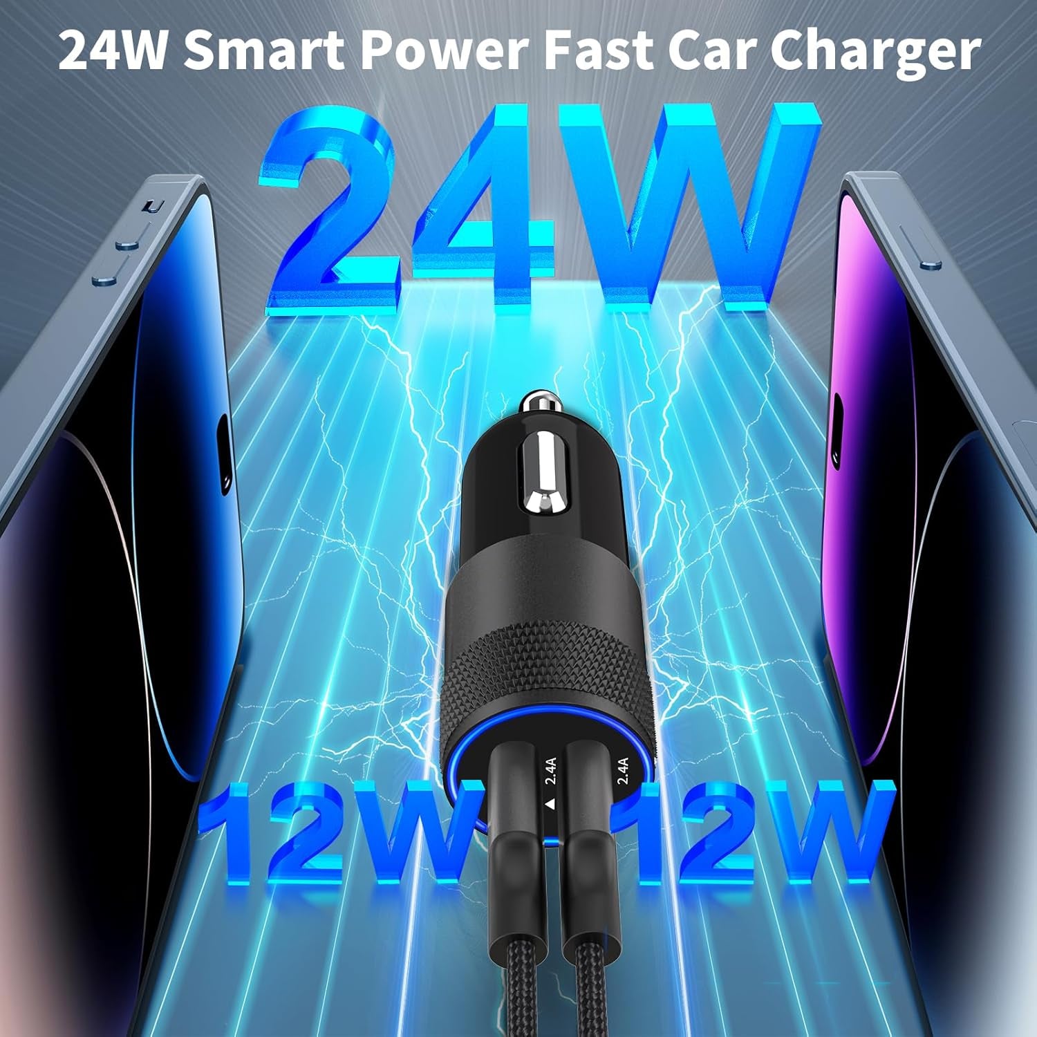 Apple MFi Certified Fast Charging 4.8A Dual USB Car Charger with Cigarette Lighter Adapter and 2-Pack Braided Lightning Cable for iPhone 14, 13, 12, 11 Pro, XS, XR, X, 8, SE, and iPad