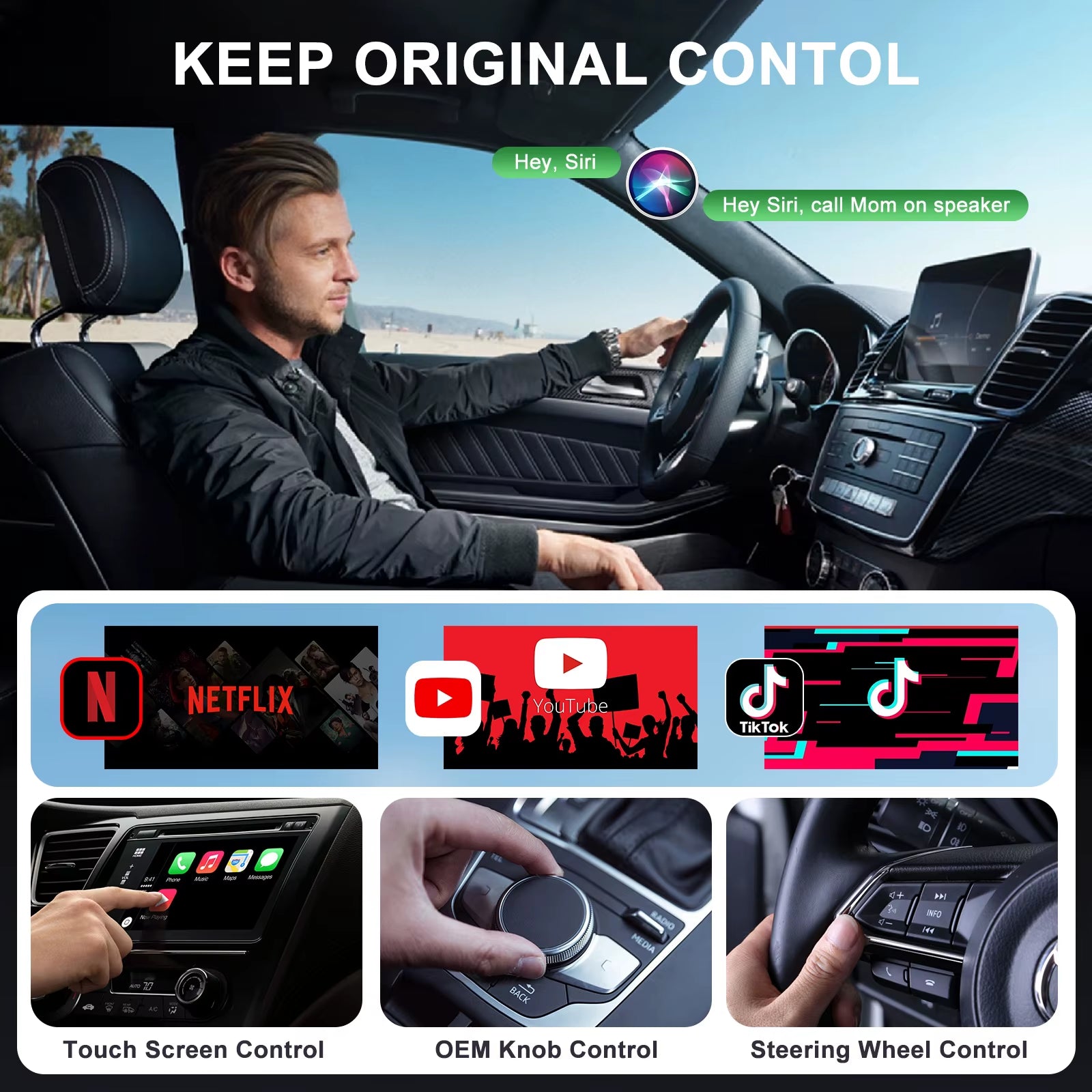 Wireless Video CarPlay Adapter with Streaming Support for OEM Wired CarPlay Vehicles