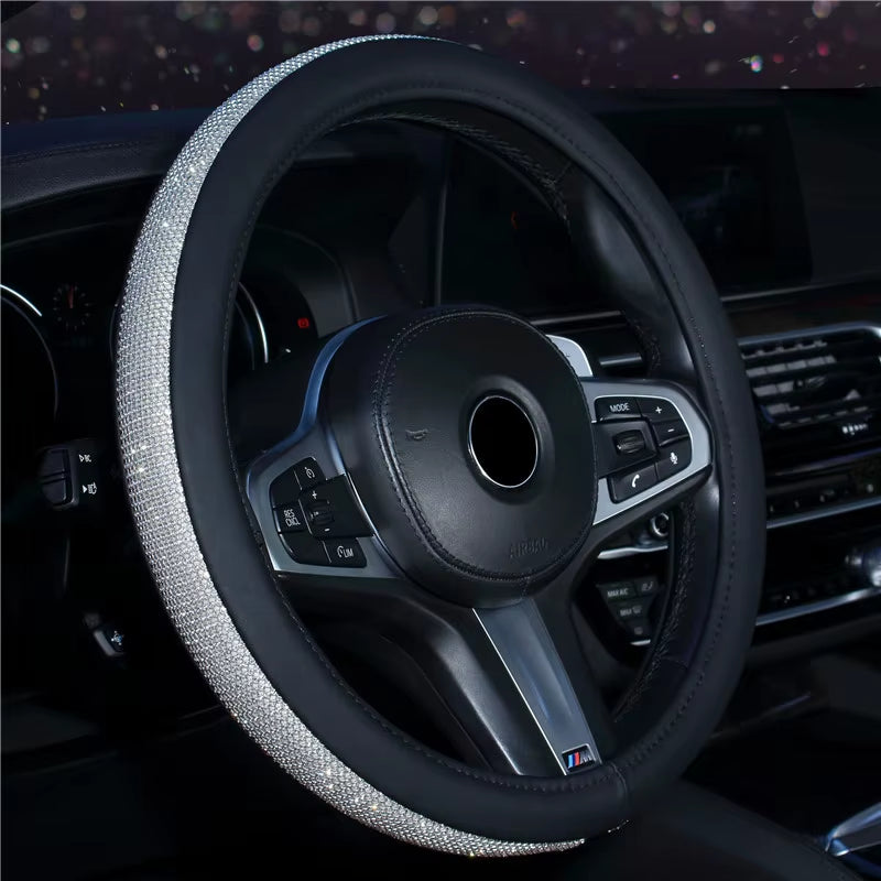 Rhinestone Leather Steering Wheel Cover - Crystal Auto Interior Accessory for Women and Girls
