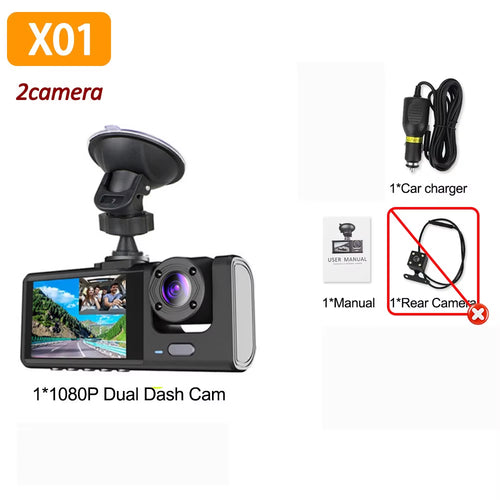 1080P Triple Camera Vehicle Dash Cam with Front and Rear Recording and Infrared Night Vision