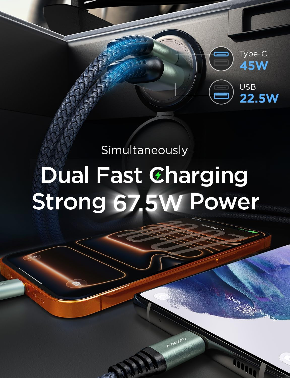 67.5W Cigarette Lighter Adapter Car Charger with USB-C Fast Charging | Mini Metal PD & QC Compatible 12V Outlet Plug for iPhone 17/16/15/14 Pro Max and Samsung S26/S25