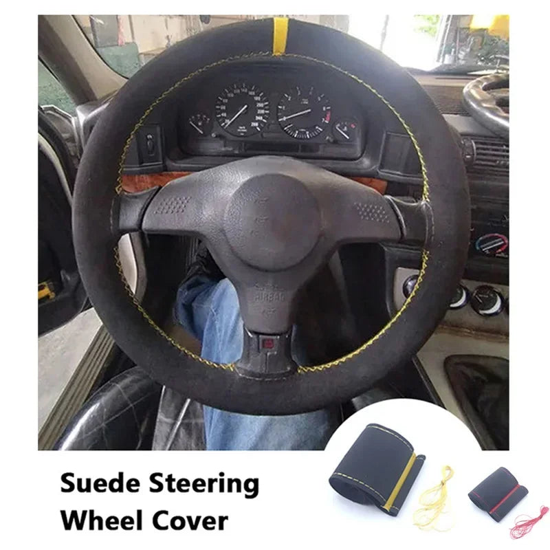 Universal 38CM Suede Leather Steering Wheel Cover - Braided Interior Accessory
