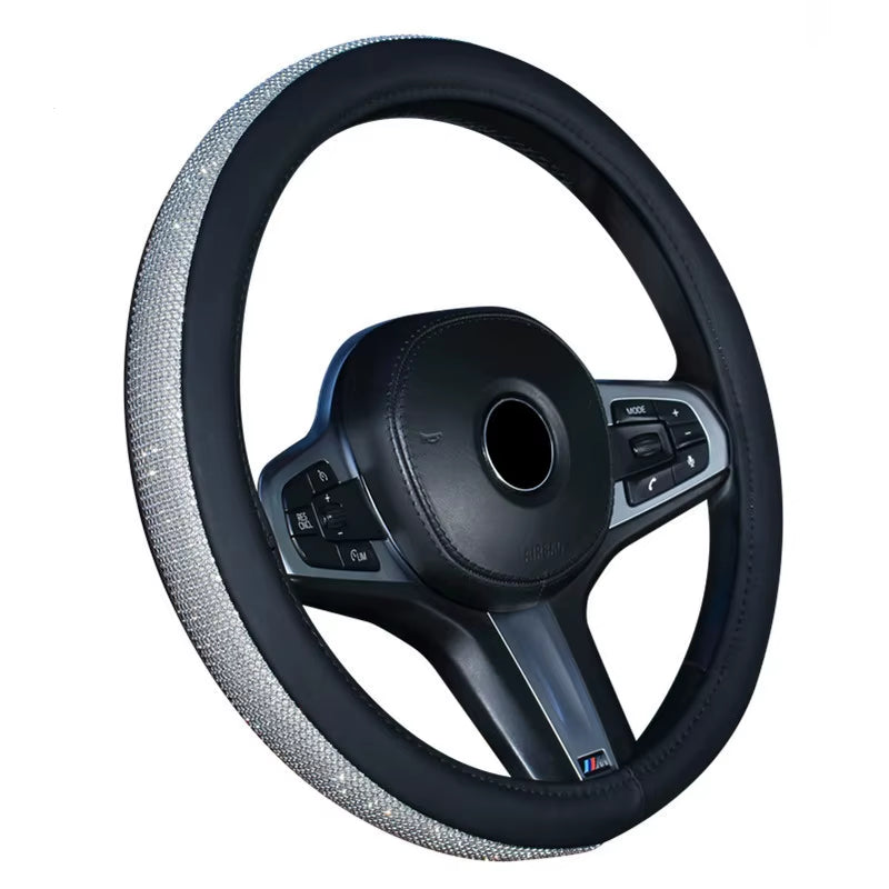 Rhinestone Leather Steering Wheel Cover - Crystal Auto Interior Accessory for Women and Girls