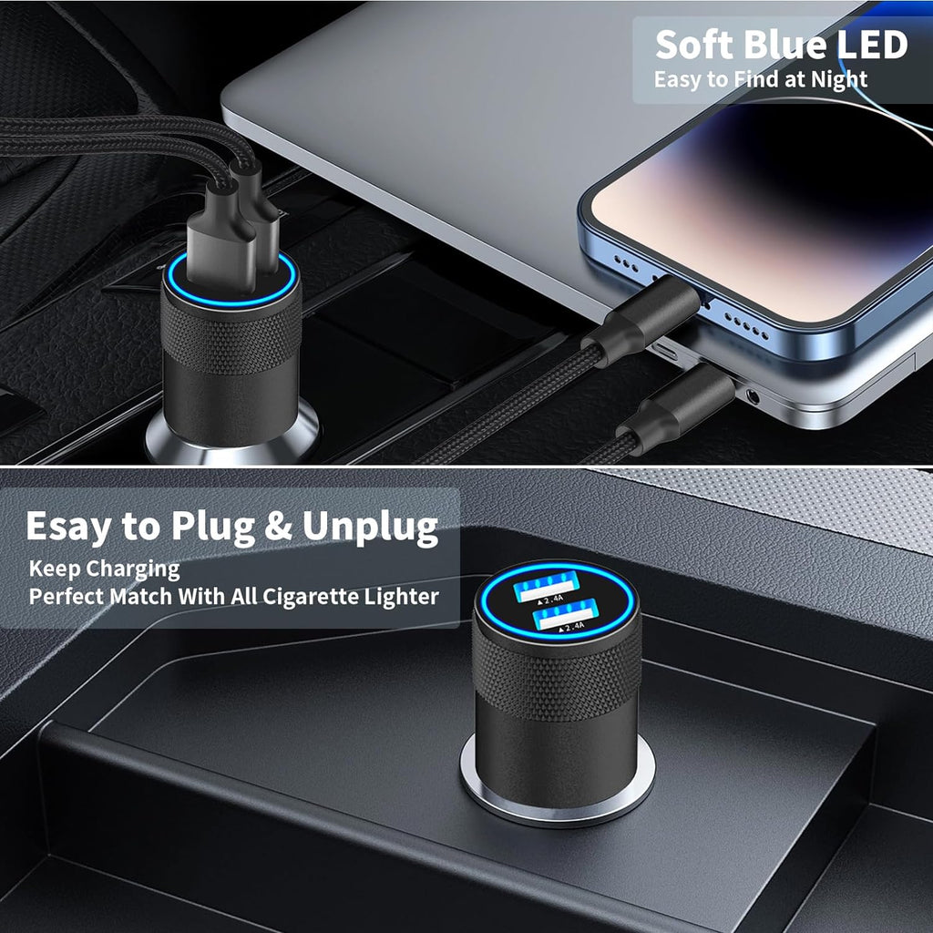 Apple MFi Certified Fast Charging 4.8A Dual USB Car Charger with Cigarette Lighter Adapter and 2-Pack Braided Lightning Cable for iPhone 14, 13, 12, 11 Pro, XS, XR, X, 8, SE, and iPad