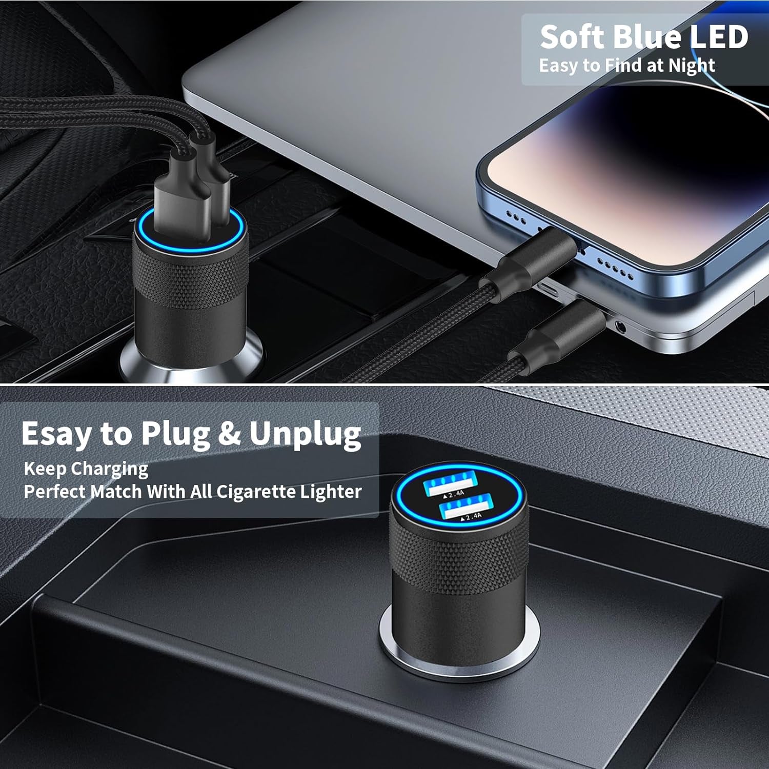 Apple MFi Certified Fast Charging 4.8A Dual USB Car Charger with Cigarette Lighter Adapter and 2-Pack Braided Lightning Cable for iPhone 14, 13, 12, 11 Pro, XS, XR, X, 8, SE, and iPad