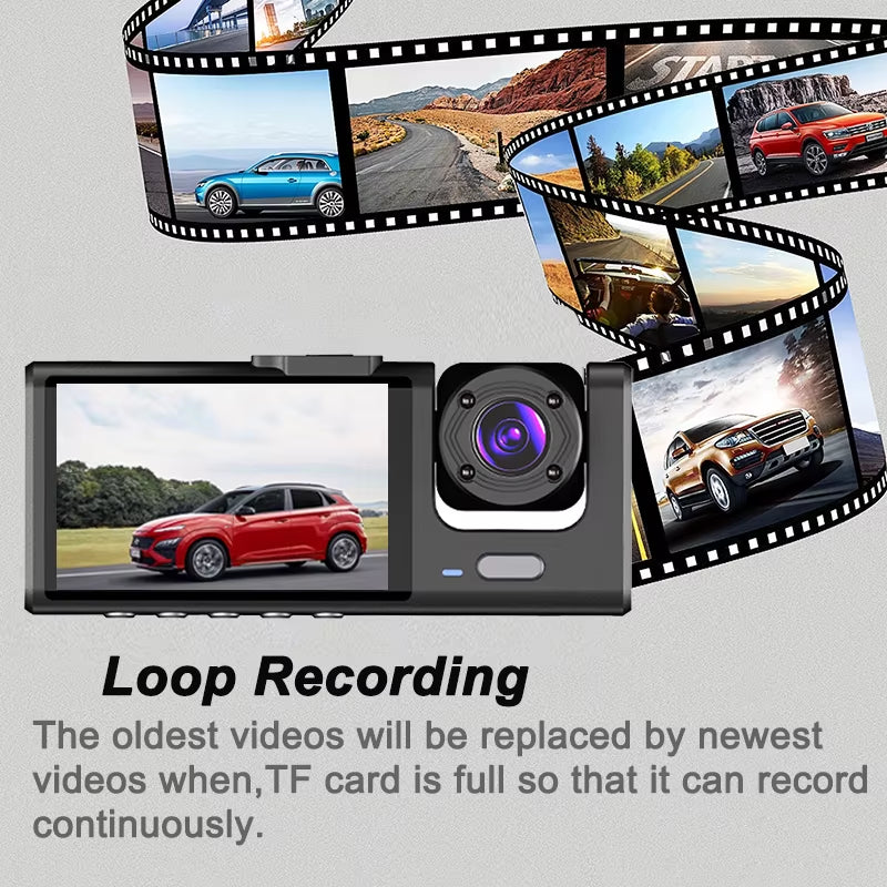 1080P Triple Camera Vehicle Dash Cam with Front and Rear Recording and Infrared Night Vision