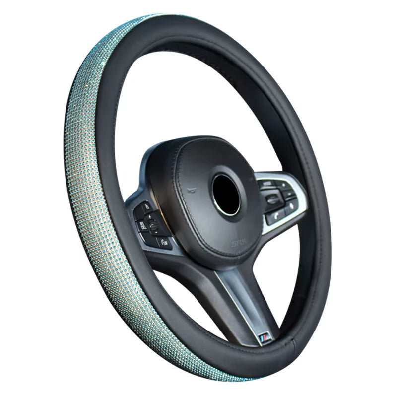 Rhinestone Leather Steering Wheel Cover - Crystal Auto Interior Accessory for Women and Girls