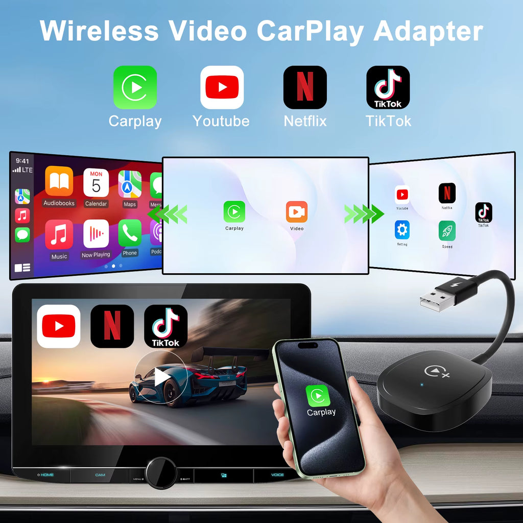Wireless Video CarPlay Adapter with Streaming Support for OEM Wired CarPlay Vehicles