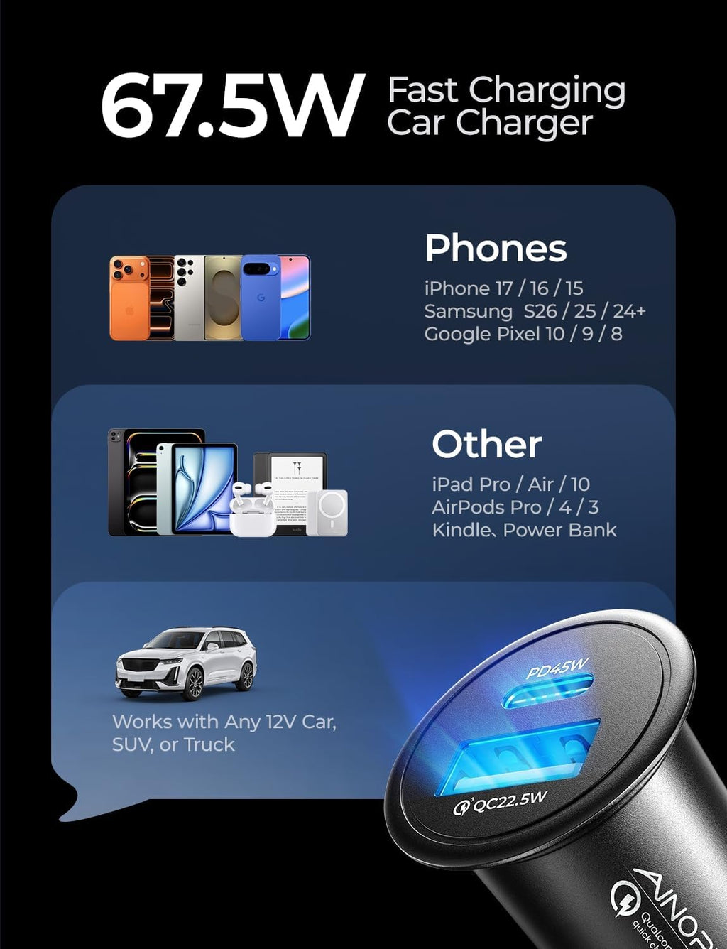 67.5W Cigarette Lighter Adapter Car Charger with USB-C Fast Charging | Mini Metal PD & QC Compatible 12V Outlet Plug for iPhone 17/16/15/14 Pro Max and Samsung S26/S25