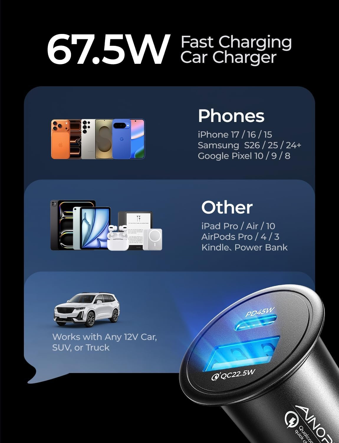 67.5W Cigarette Lighter Adapter Car Charger with USB-C Fast Charging | Mini Metal PD & QC Compatible 12V Outlet Plug for iPhone 17/16/15/14 Pro Max and Samsung S26/S25