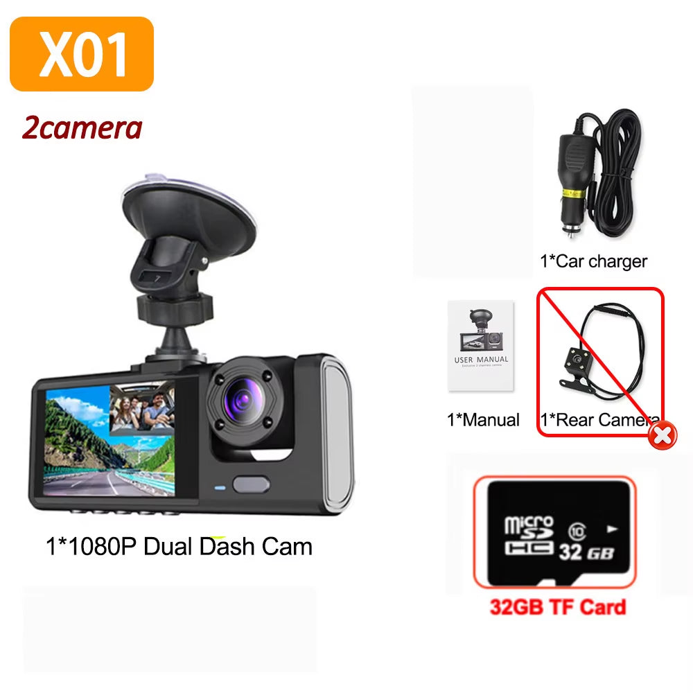 1080P Triple Camera Vehicle Dash Cam with Front and Rear Recording and Infrared Night Vision
