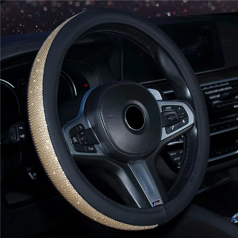 Rhinestone Leather Steering Wheel Cover - Crystal Auto Interior Accessory for Women and Girls