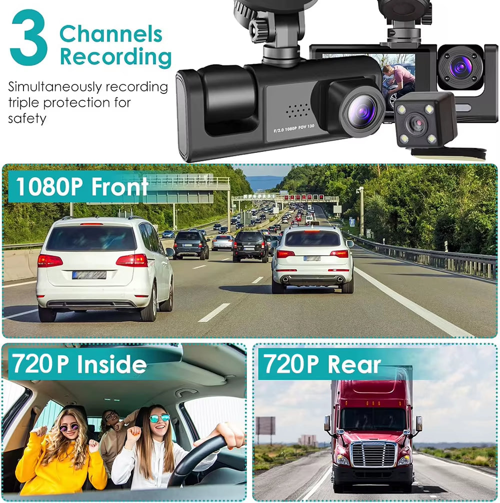 1080P Triple Camera Vehicle Dash Cam with Front and Rear Recording and Infrared Night Vision